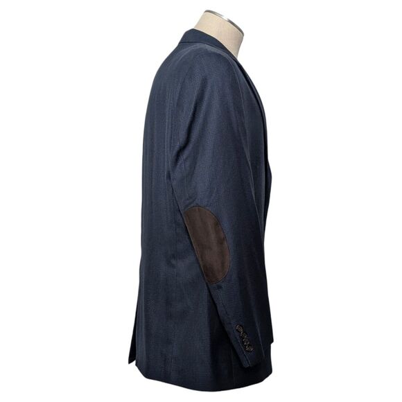 Lauren Ralph Lauren 44R Blue Blazer Glen Plaid Brown Suede Elbow Patches Jacket - Picture 2 of 11